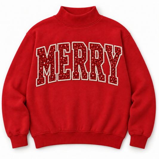 Christmas Mockneck Sequin + Pearl Merry Sweatshirt Mom + Me (PREORDER)