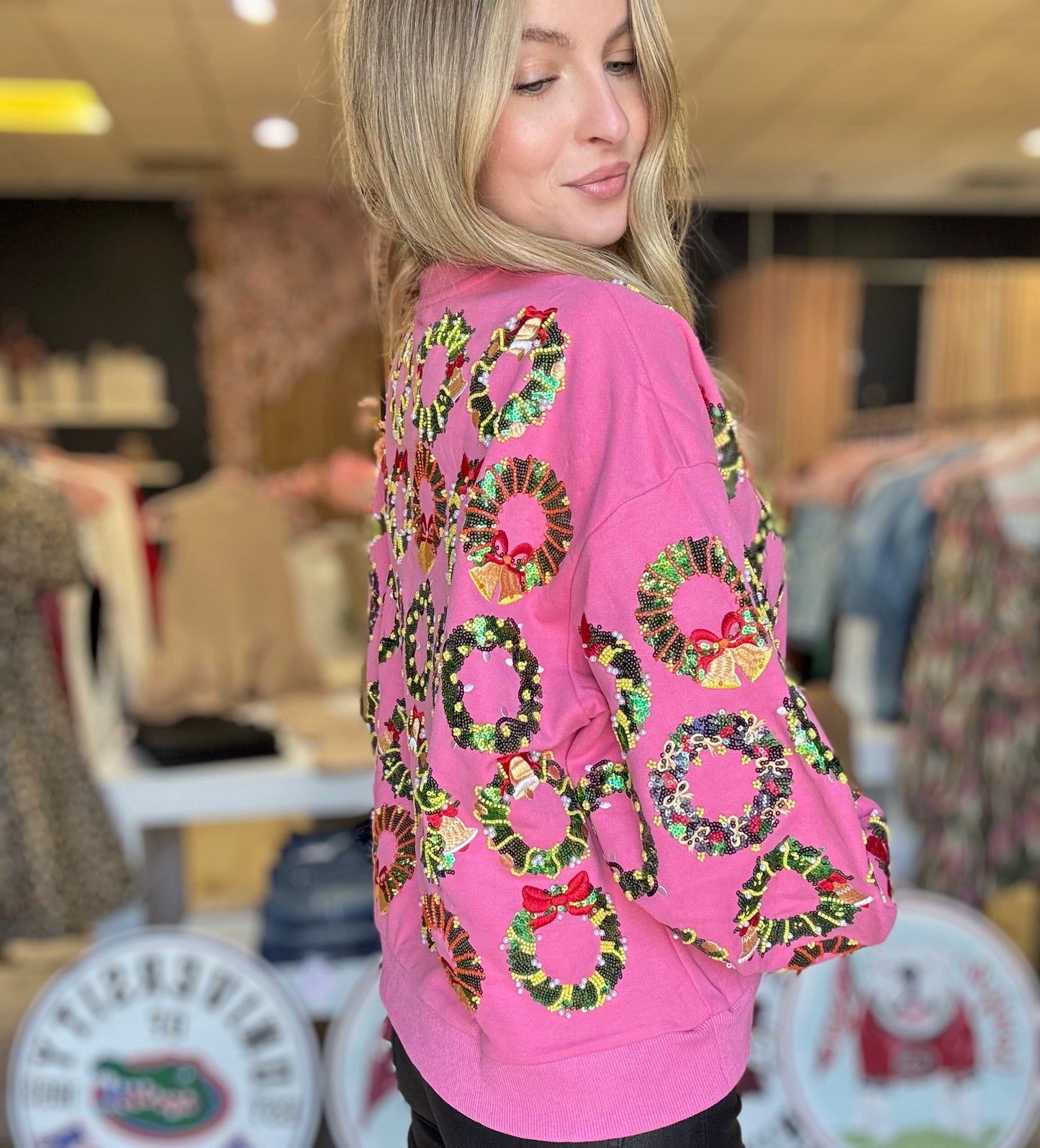 Queen of Sparkles Hot Pink Wreath Christmas Sweatshirt