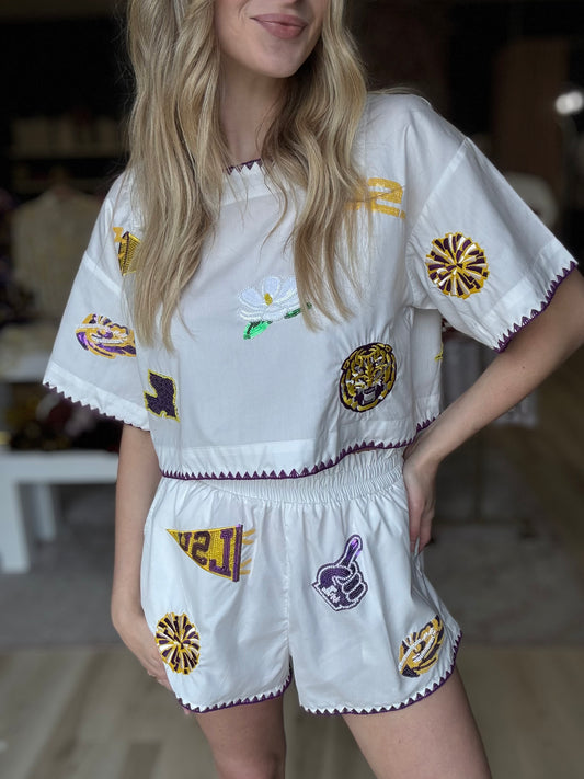 Queen of Sparkles Licensed Licensed LSU Mini Icon Embroidered Edge Cotton Shorts
