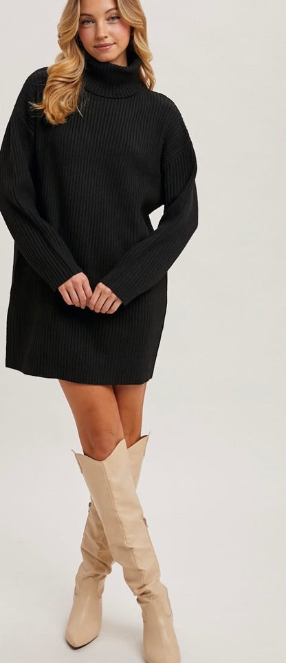 Cowl Neck Sweater Dress in Black