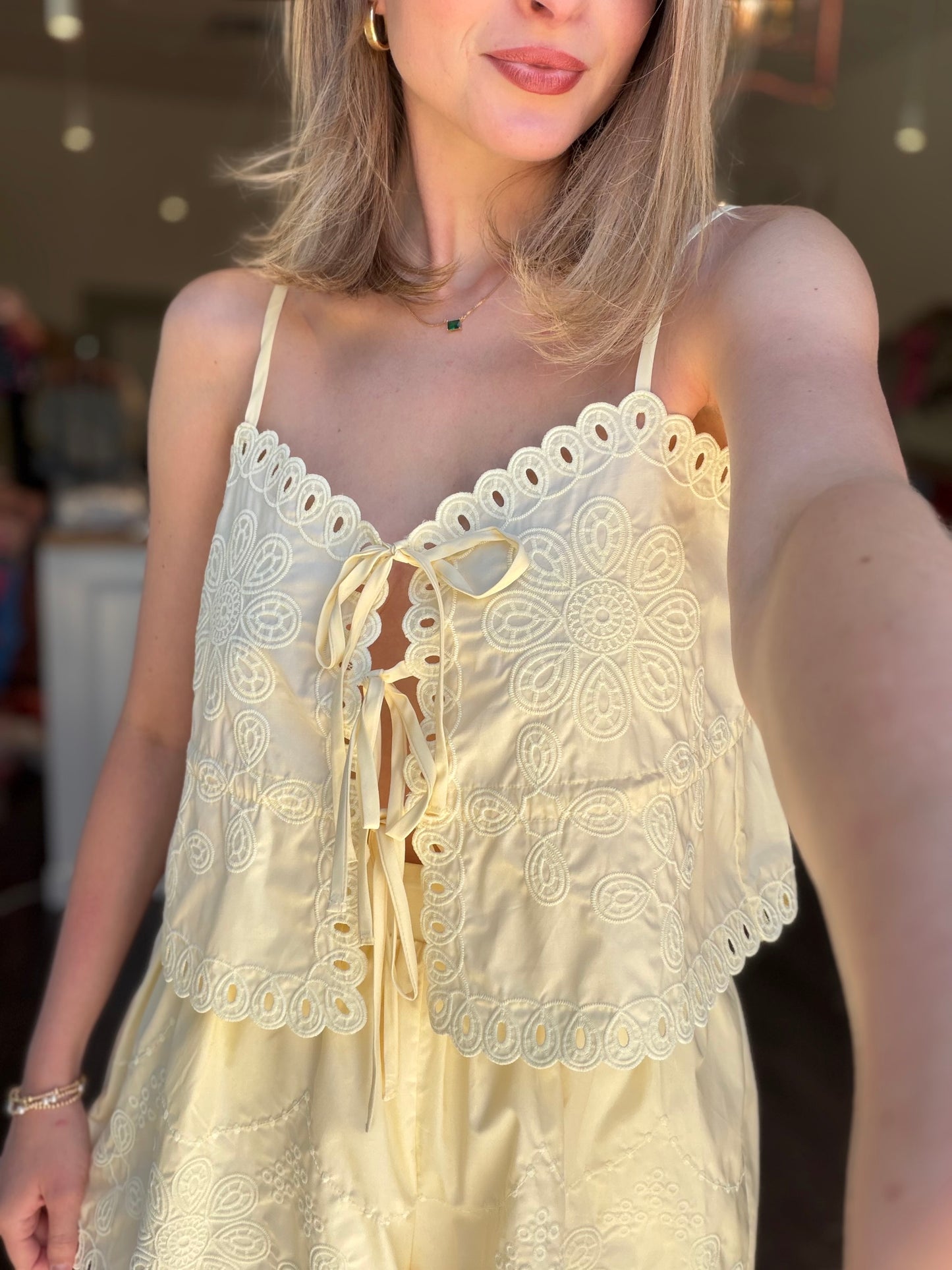 Scallop Embroidered Cami and Short set in Lemon