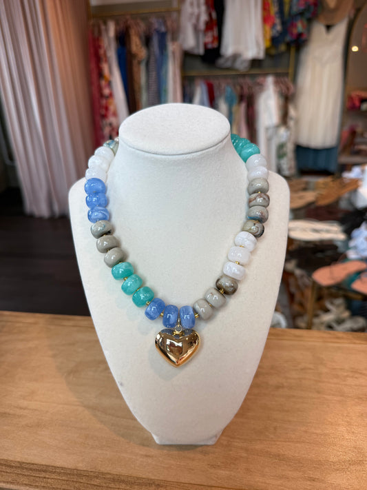 Colorful Beaded Heart Necklace in Blue