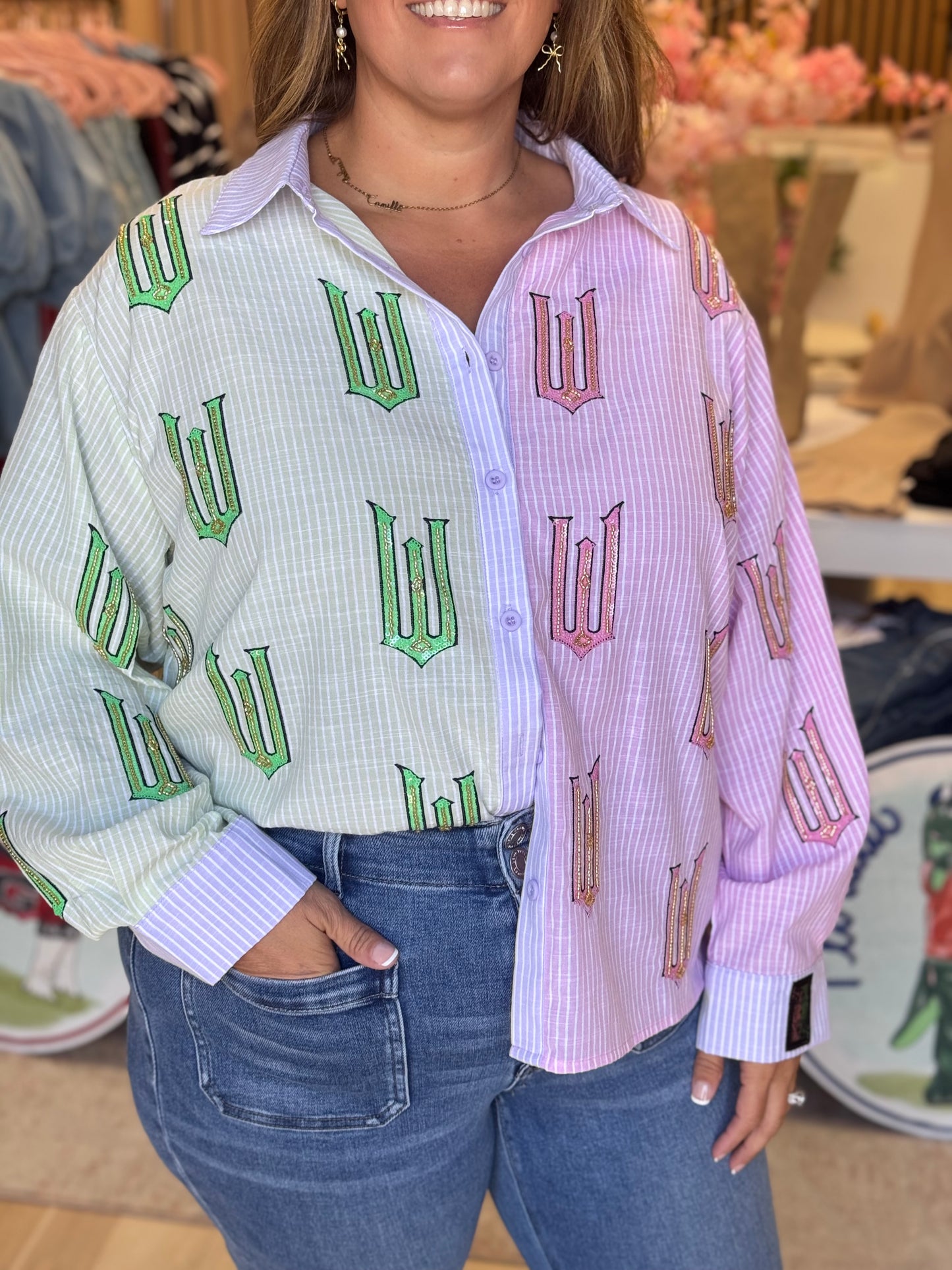Queen of Sparkles Licensed Green, Pink, and Lavender Wicked Cotton Button Up