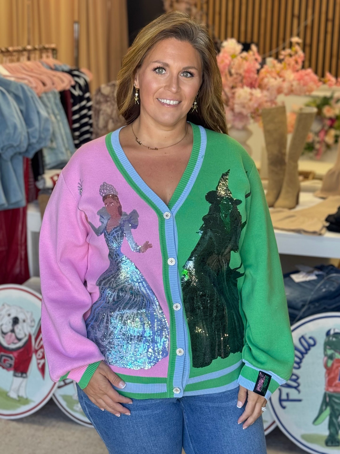 Queen of Sparkles Licensed Colorblock Glinda and Elphaba Button Up Cardigan