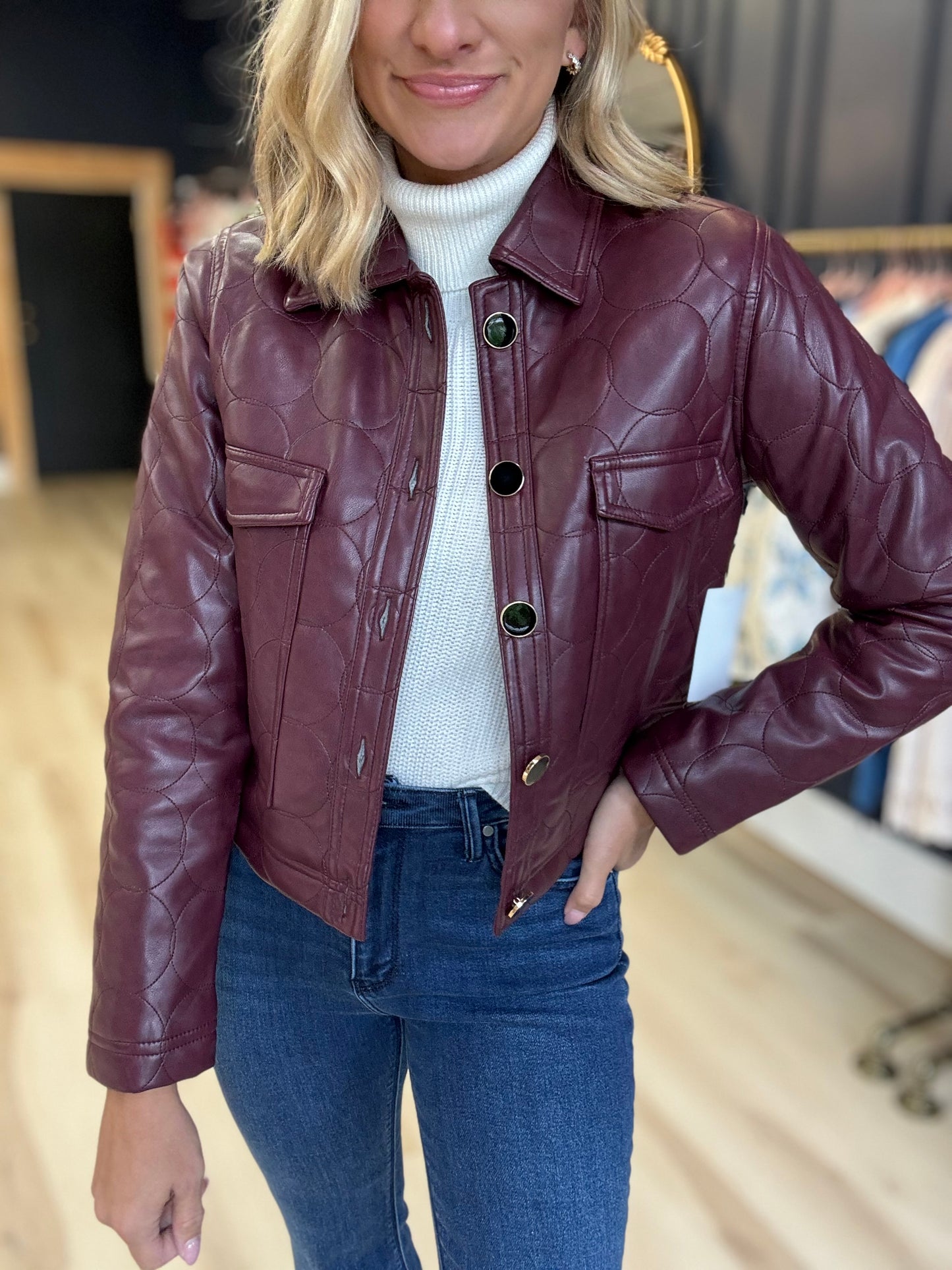 Vegan Leather Quilted Jacket in Wine