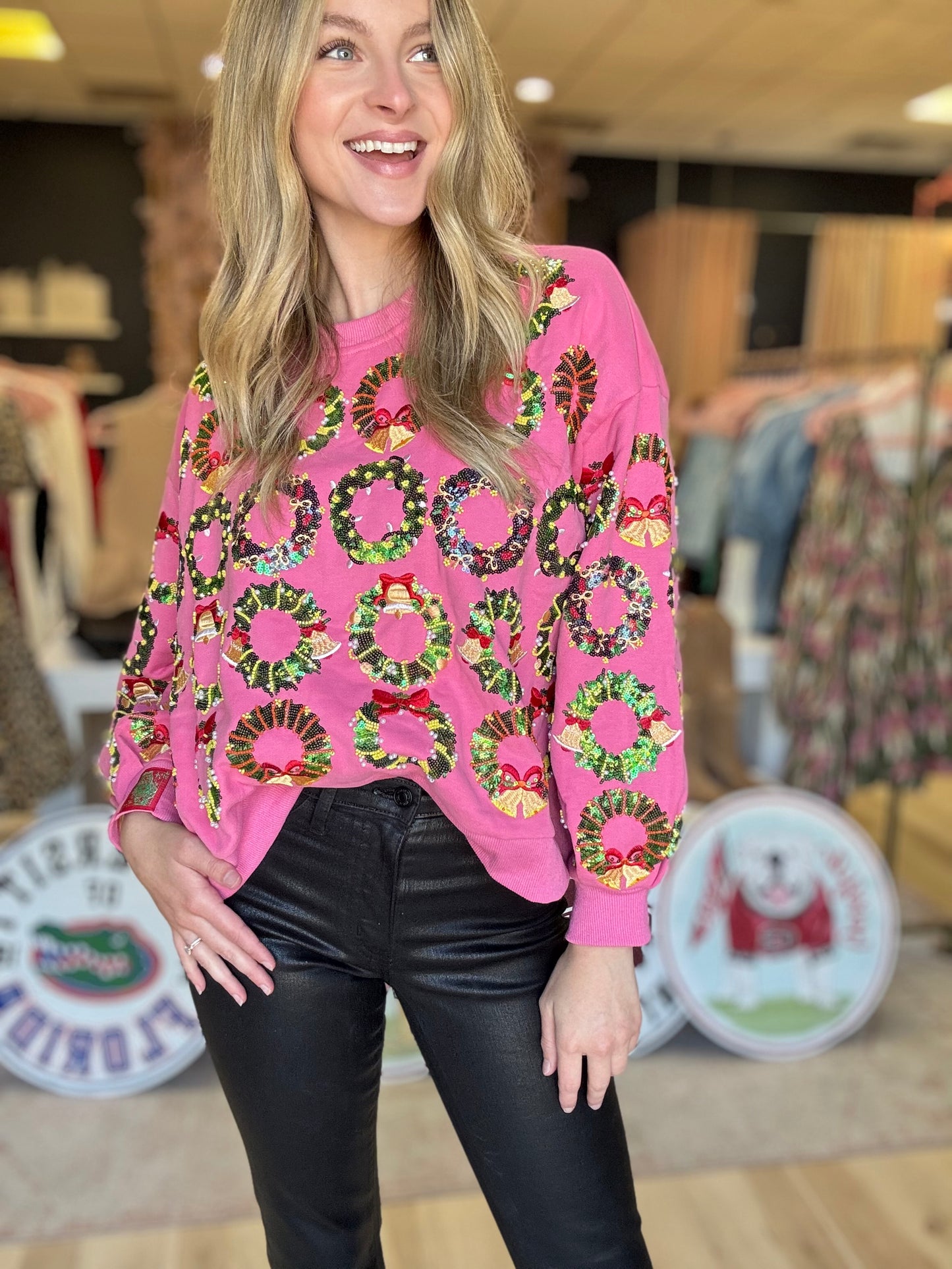 Queen of Sparkles Hot Pink Wreath Christmas Sweatshirt