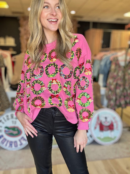 Queen of Sparkles Hot Pink Wreath Christmas Sweatshirt