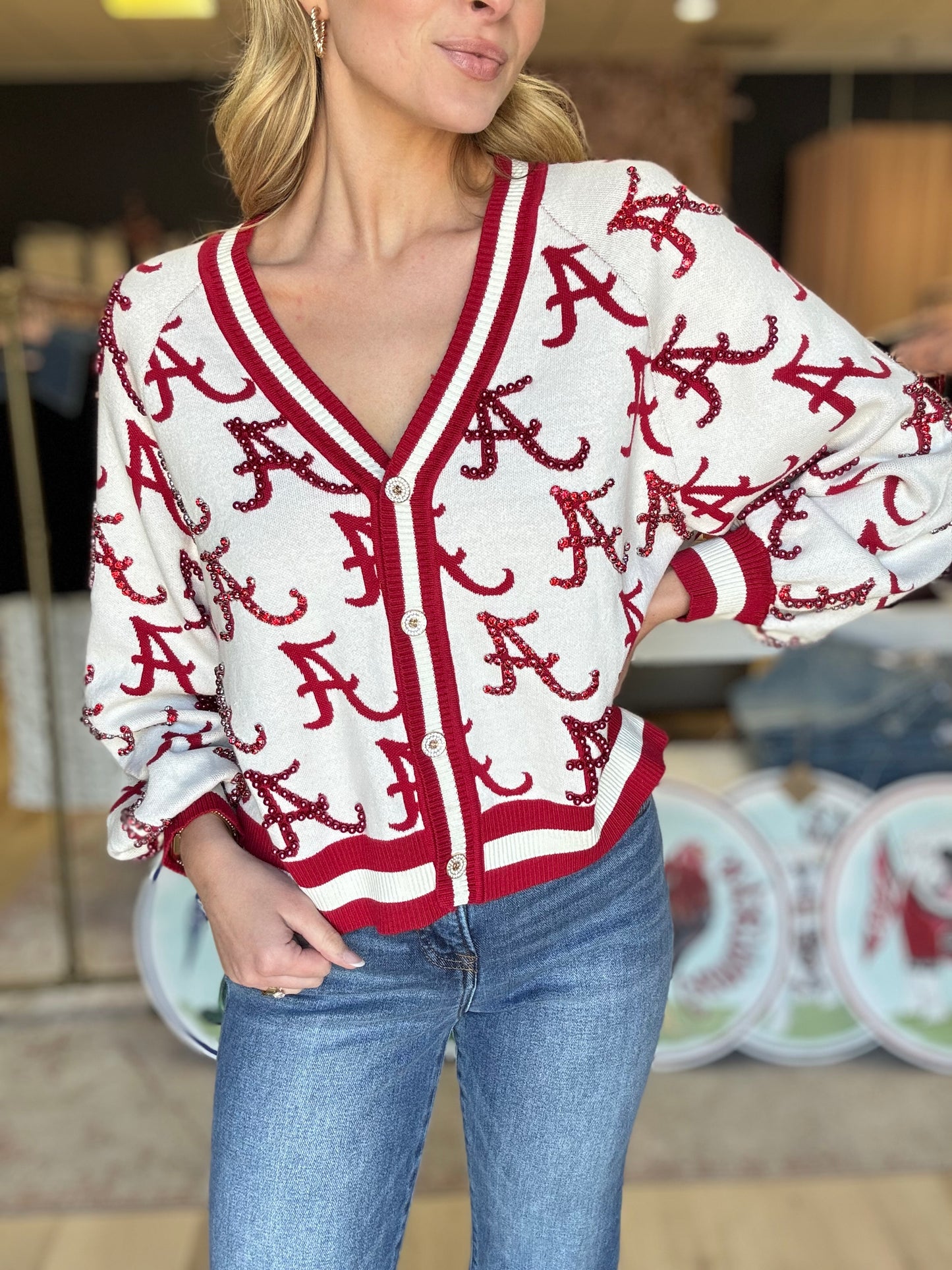 Queen of Sparkles Licensed Alabama Knit In Mascot Rhinestone Cardigan