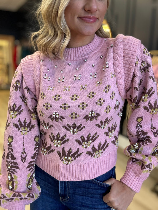 Pearl Embellished Pink Sweater