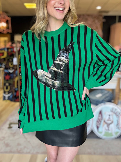 Queen of Sparkles Licensed Green and Black Striped Elphaba Hat Sweater