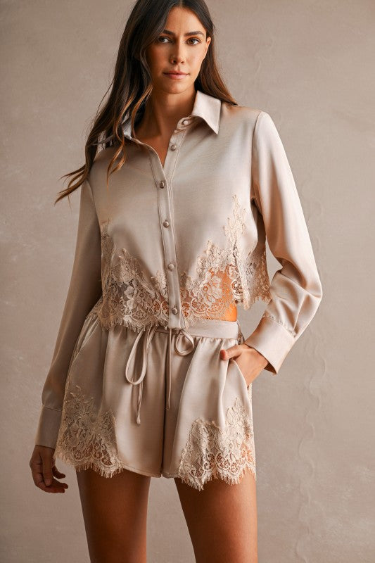 Light Mocha Lace Detail Short Set