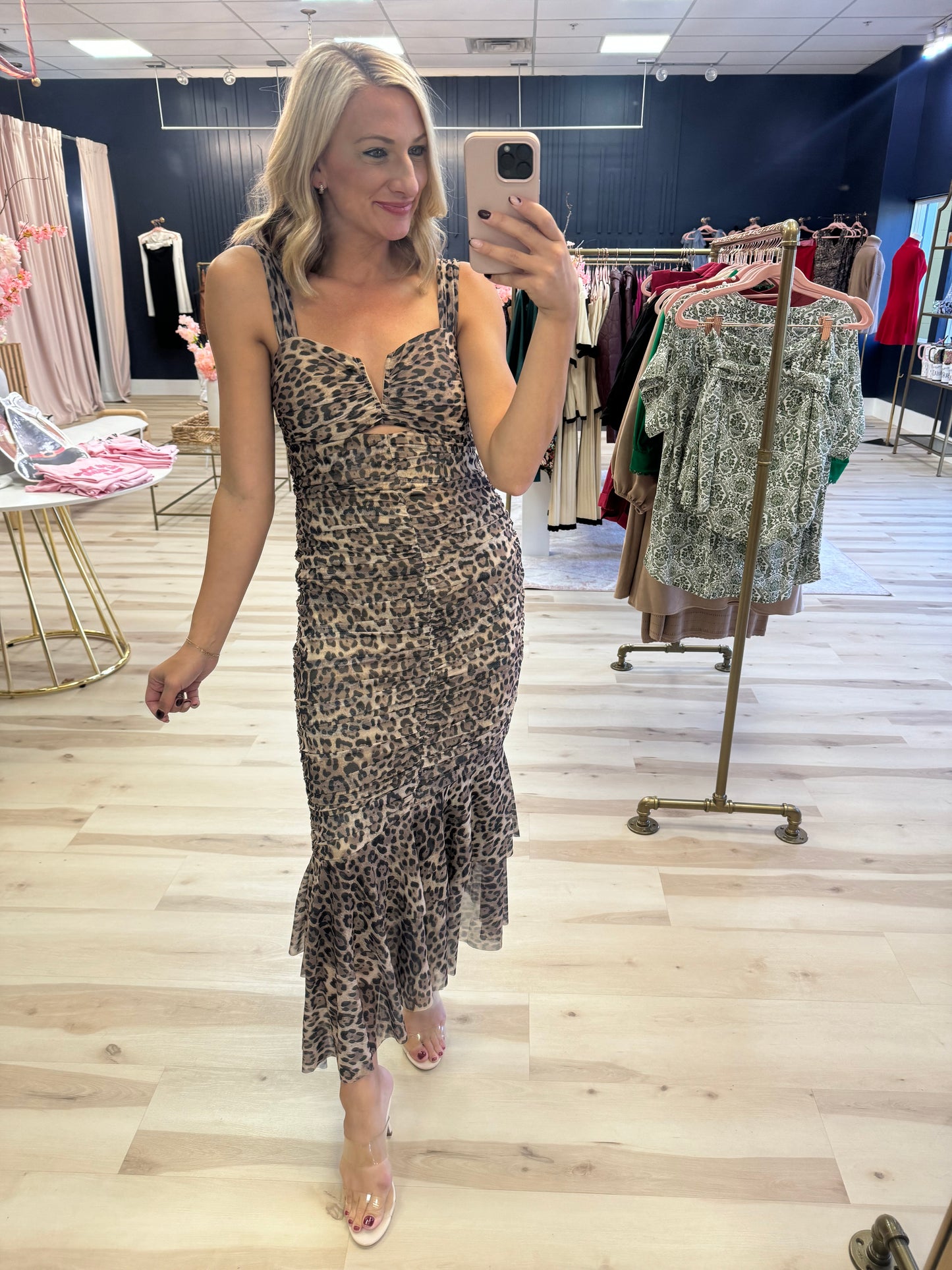 Ruched Leopard Print Midi Dress