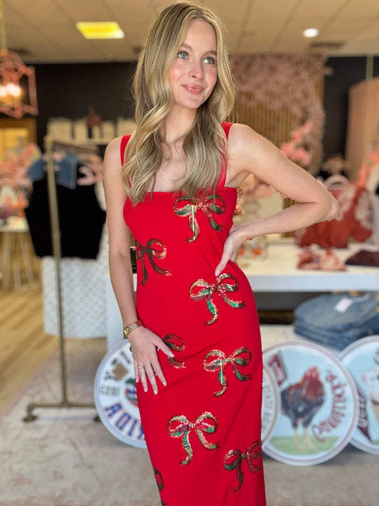 Amor Exclusive Plaid Bow Sequin Christmas Dress (preorder)