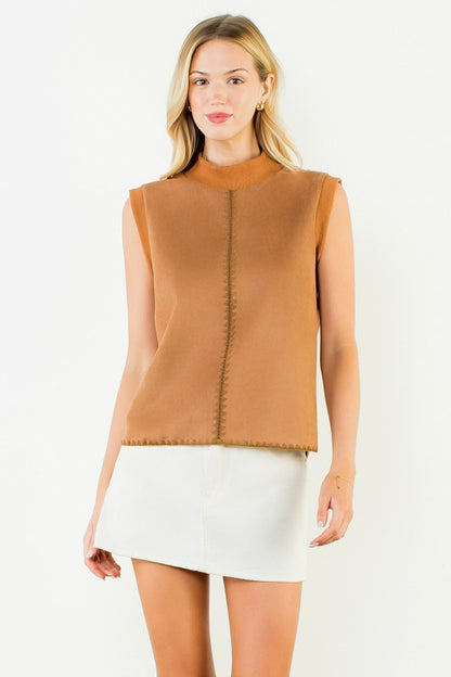 Sleeveless Suede Top in Camel