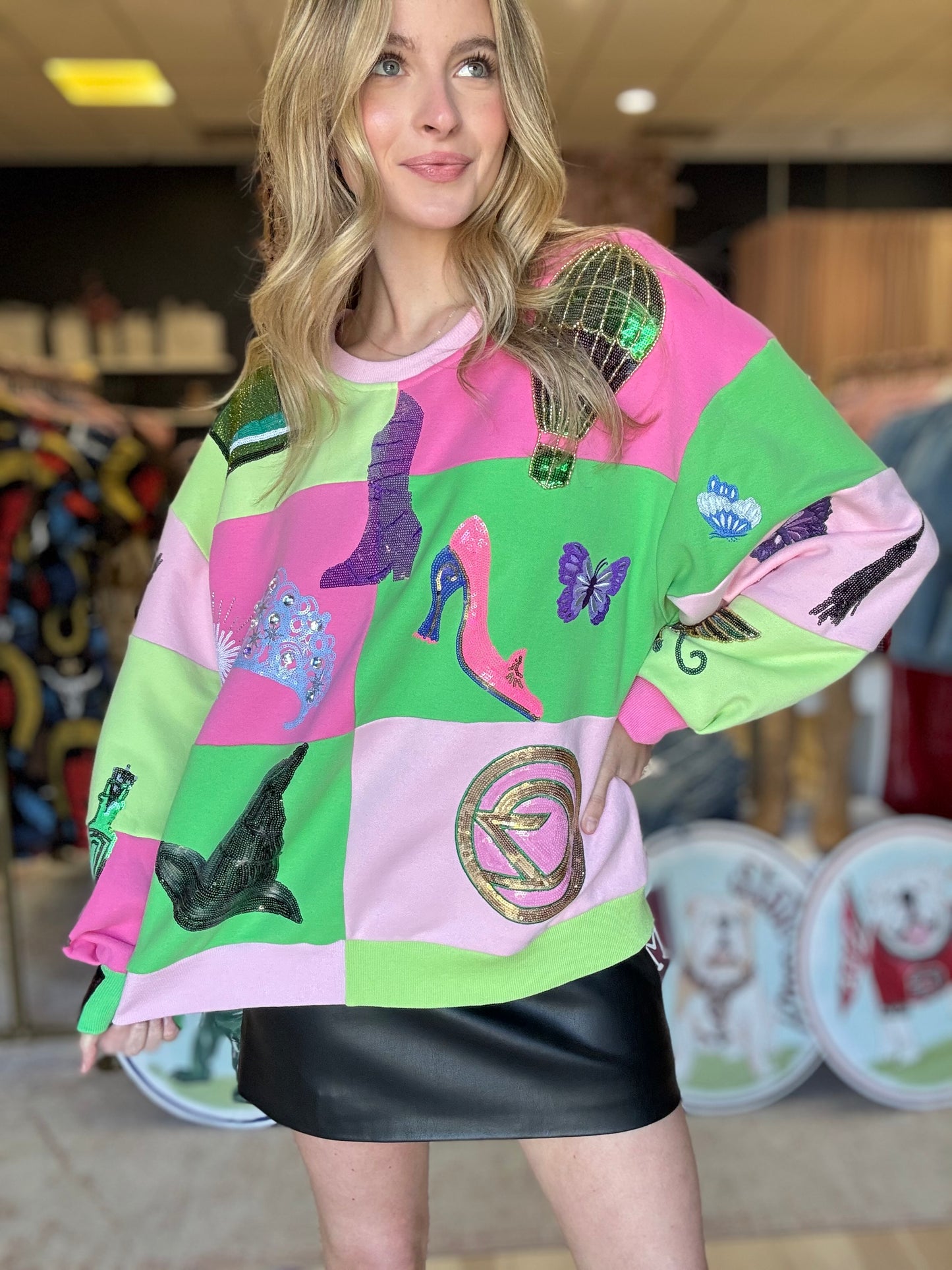 Queen of Sparkles Licensed Lavender, Pink, and Green Checkered Wicked Sweatshirt