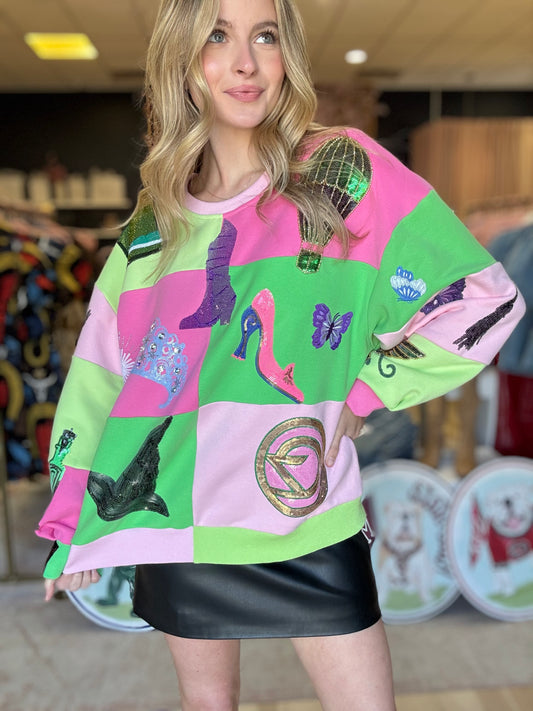 Queen of Sparkles Licensed Lavender, Pink, and Green Checkered Wicked Sweatshirt