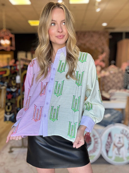 Queen of Sparkles Licensed Green, Pink, and Lavender Wicked Cotton Button Up