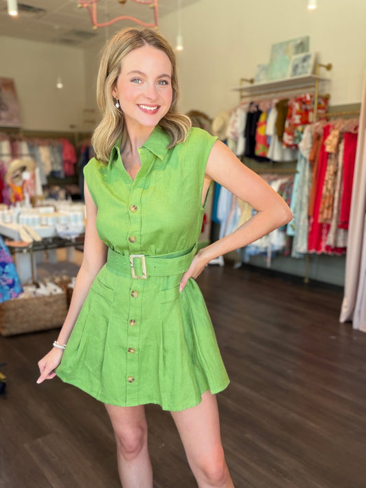 Karlie Solid Linen Button Dress with Belt in Green