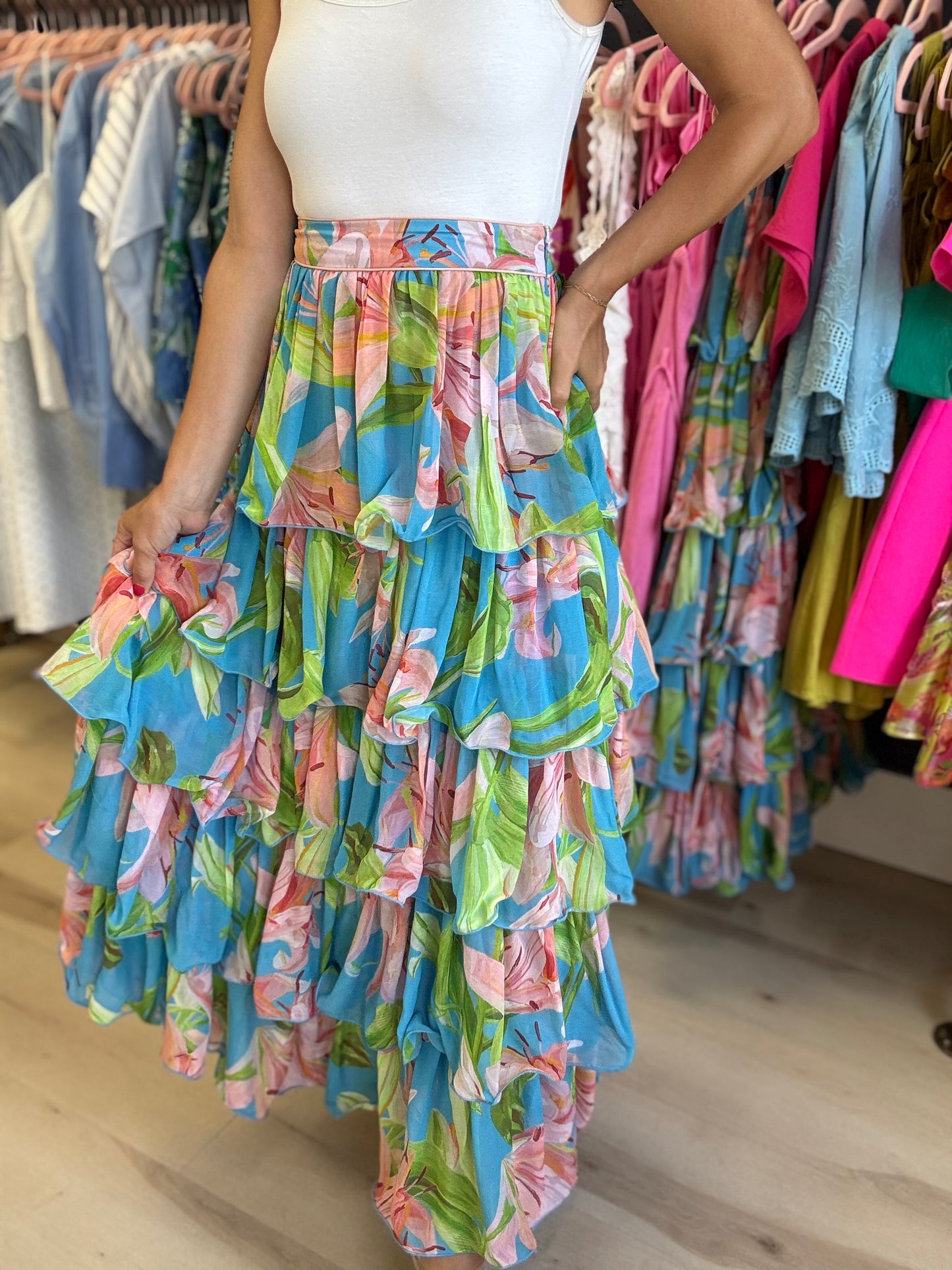 Farm Rio Blue Lily Bloom Maxi Skirt