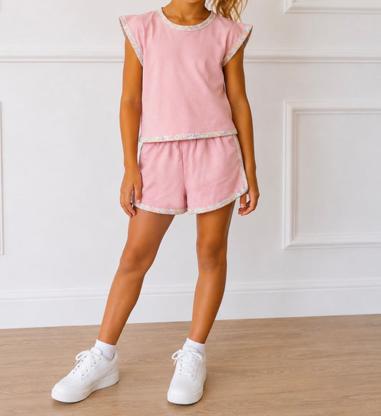 Flower Trim Detail Kid Short Set (multiple colors)