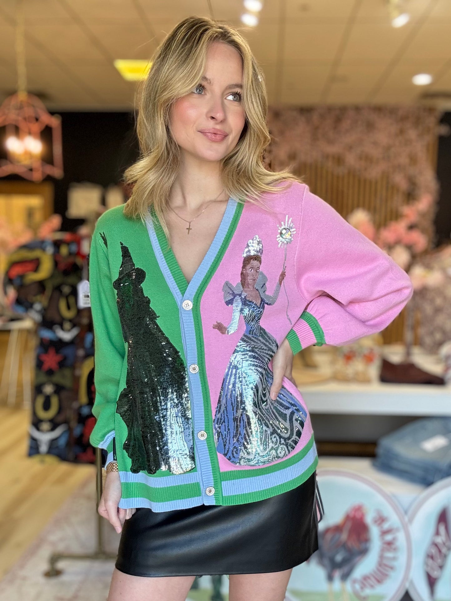 Queen of Sparkles Licensed Colorblock Glinda and Elphaba Button Up Cardigan
