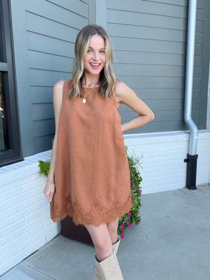 Sleeveless Suede Shift Dress in Camel