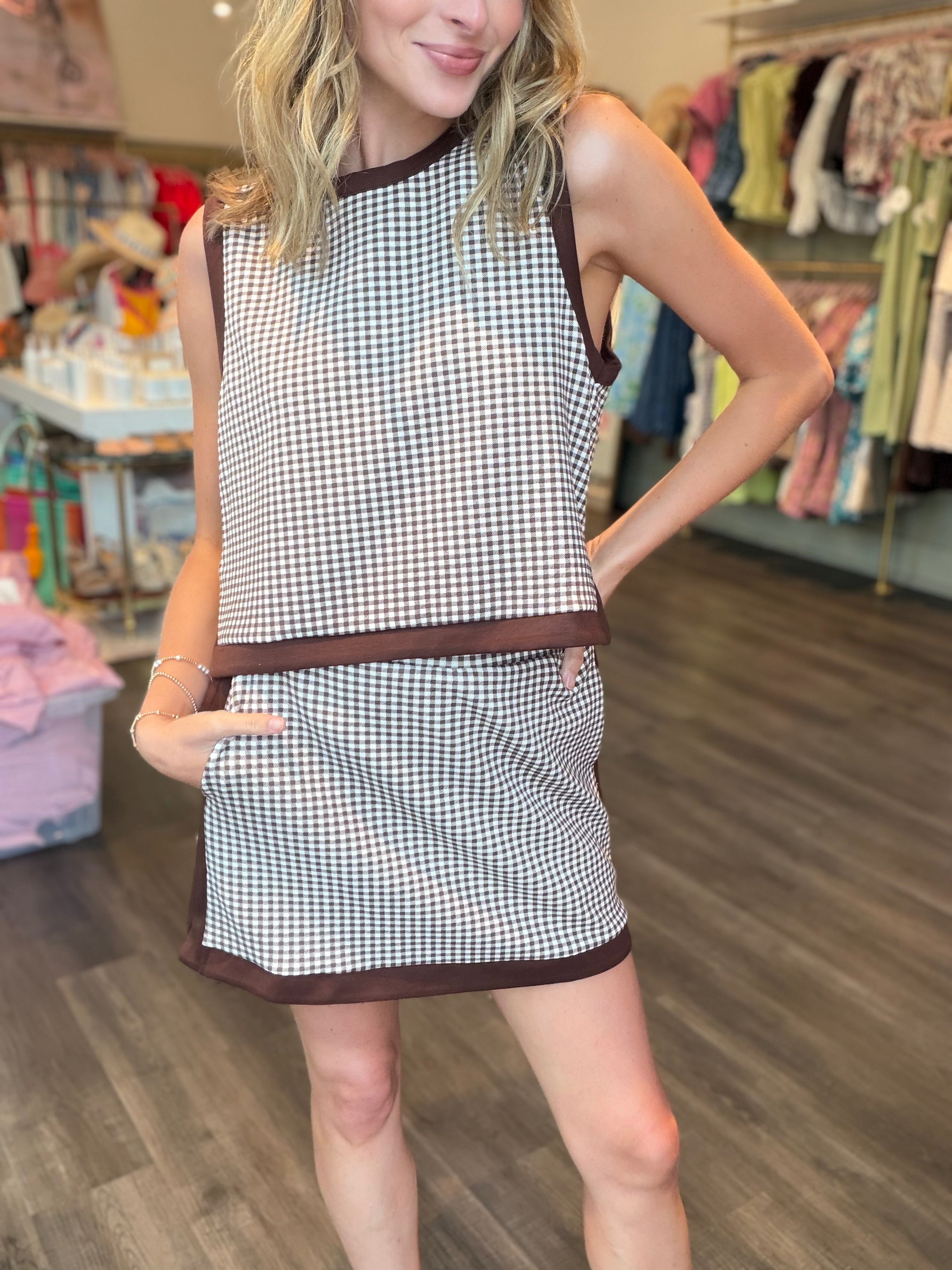 Brown Gingham Sleeveless Skort
