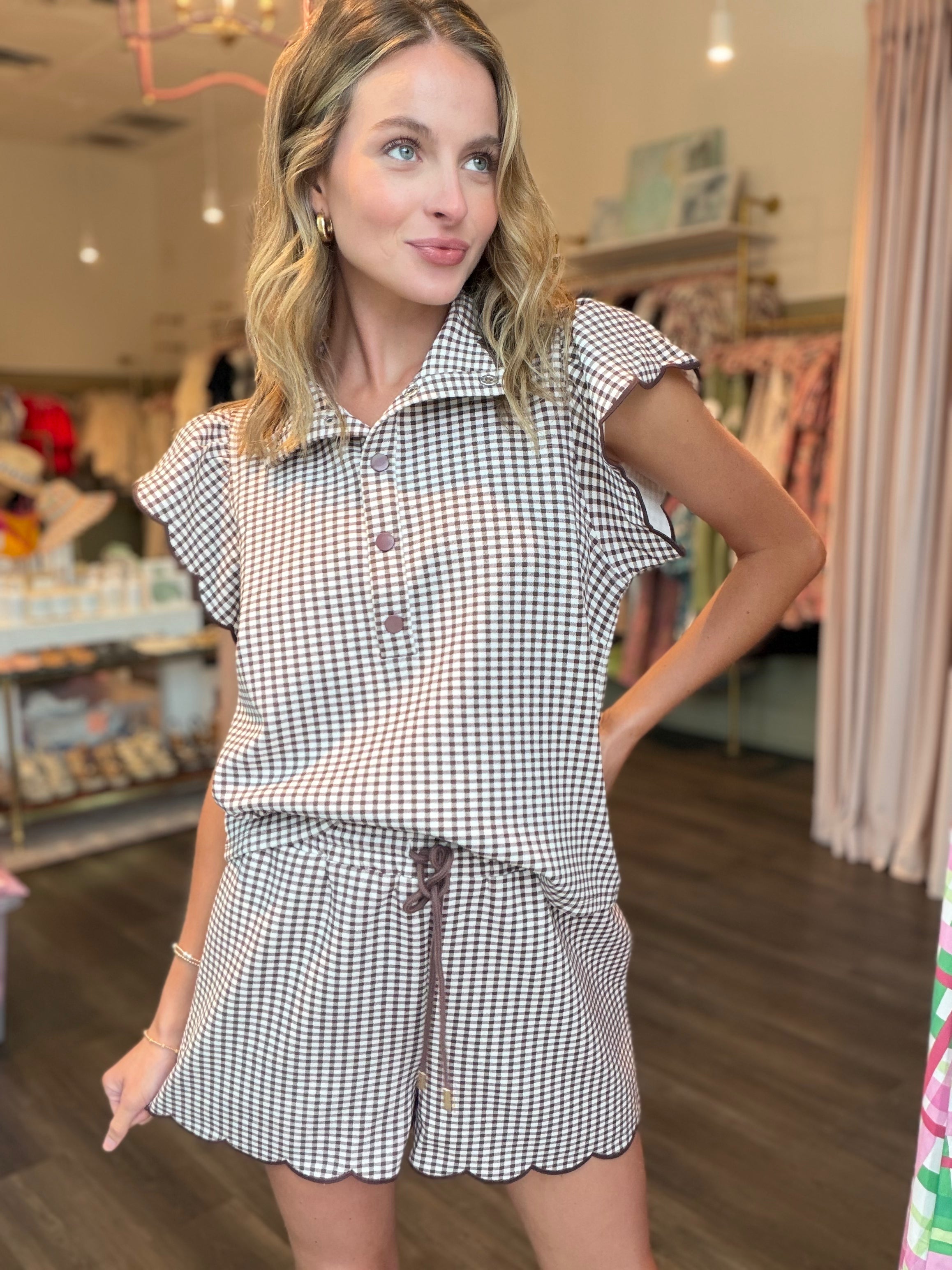 Brown Gingham Scalloped Short