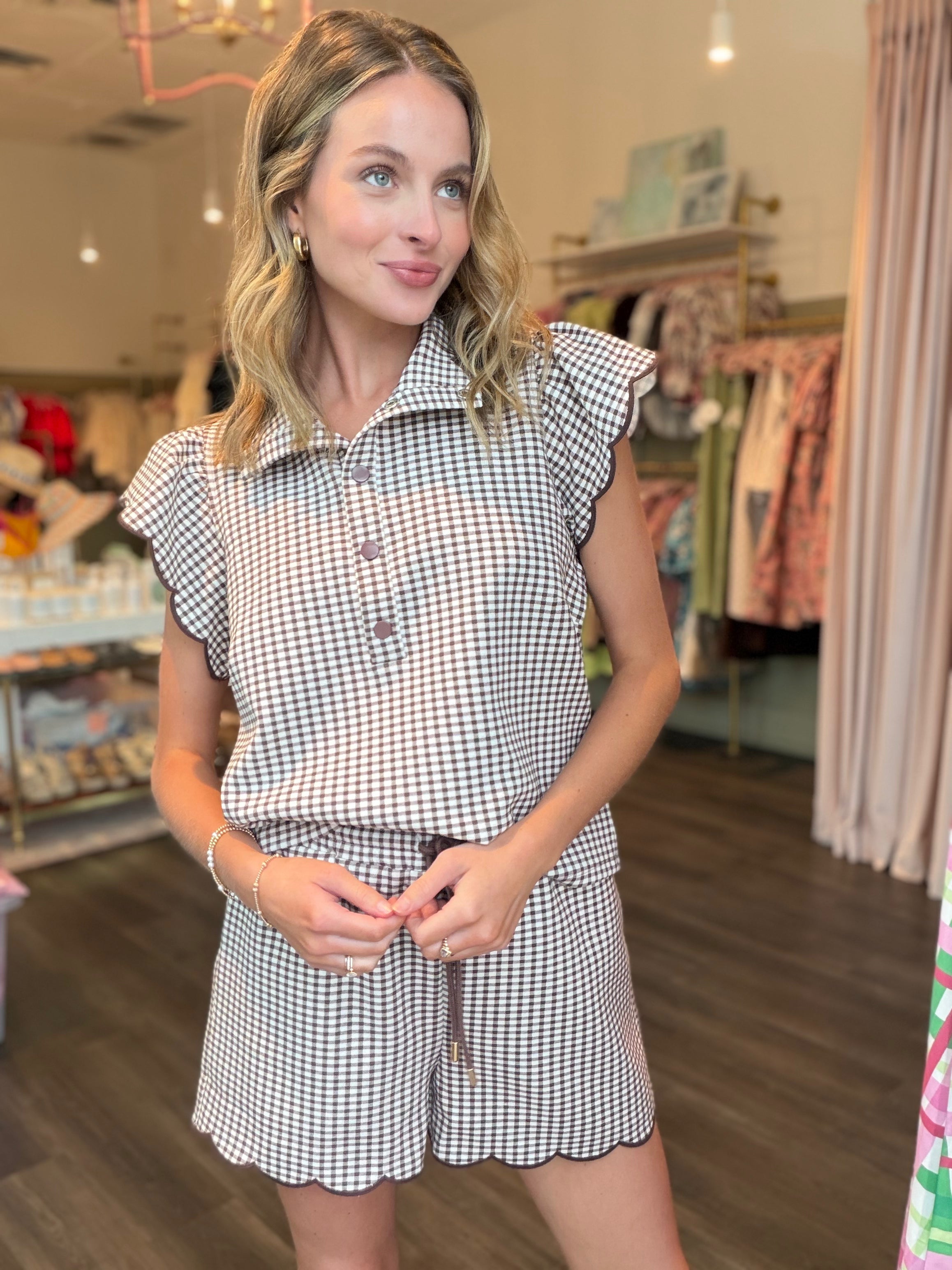 Brown Gingham Scalloped Short