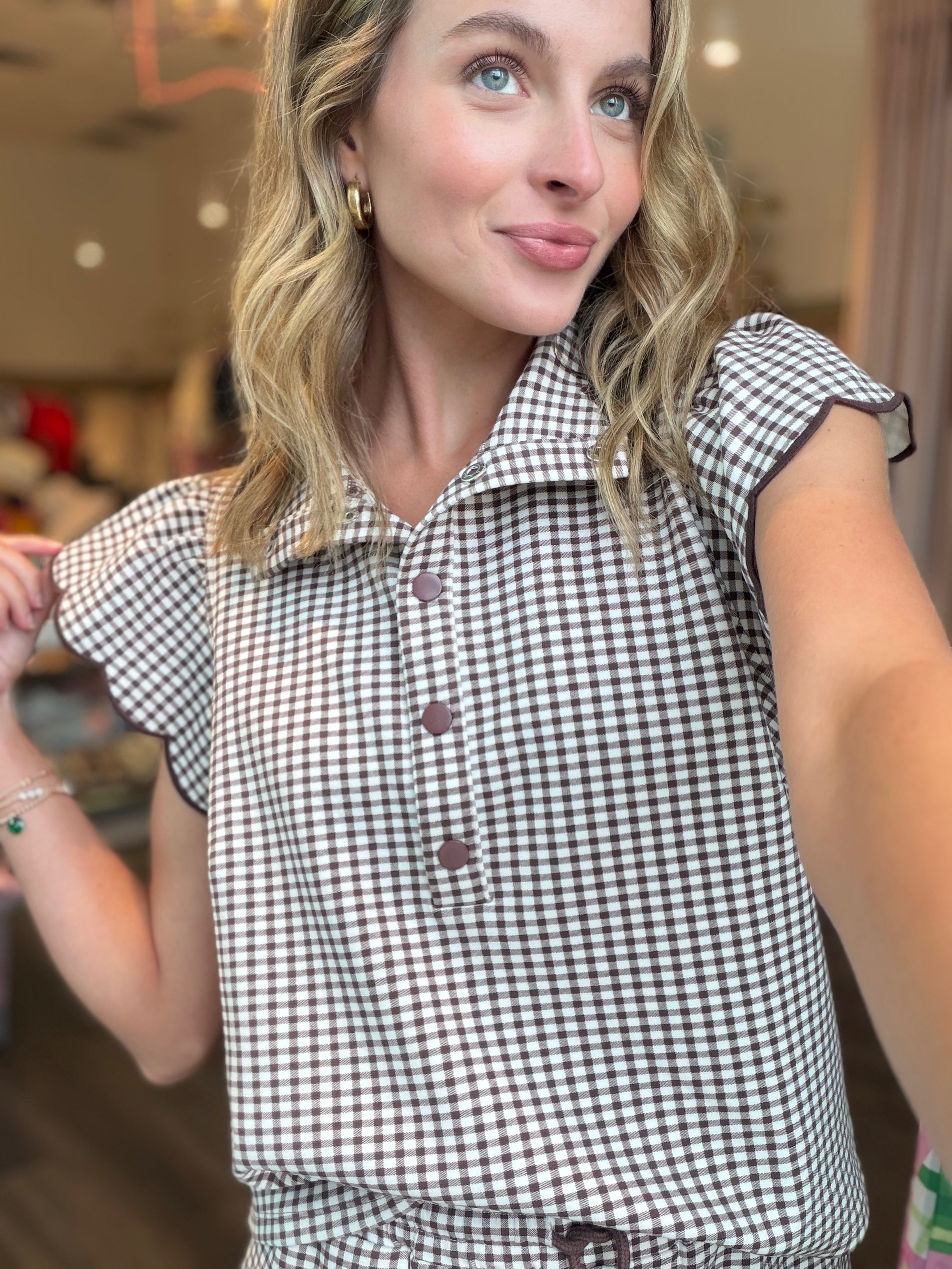 Brown Gingham Scalloped Short