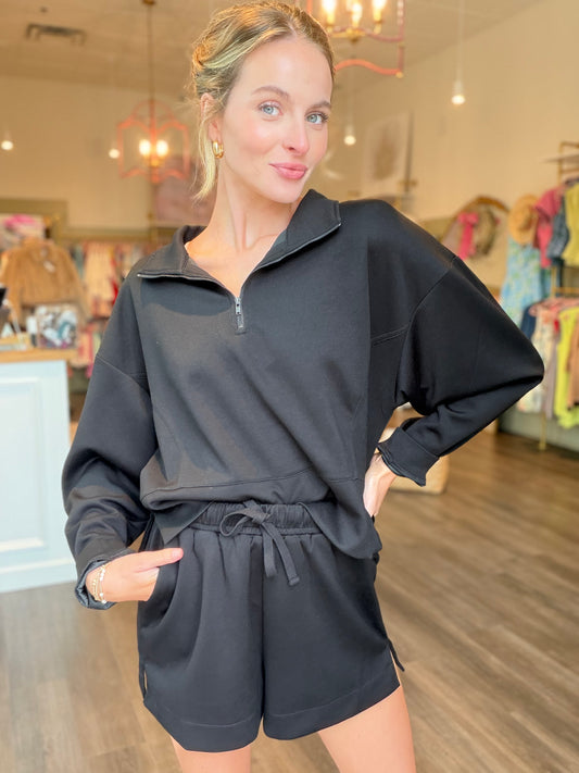 Mock Neck Half Zip Set - Black