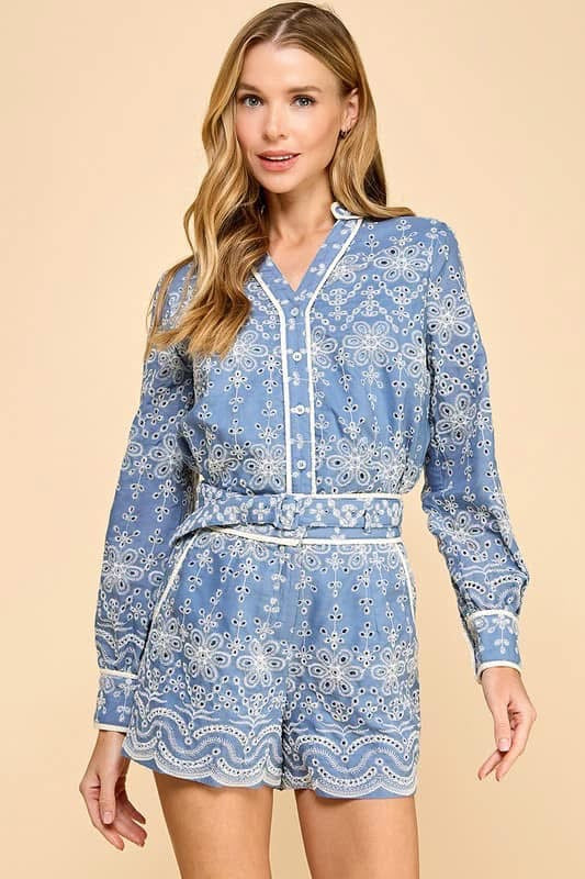 Blue Eyelet Long Sleeve Set