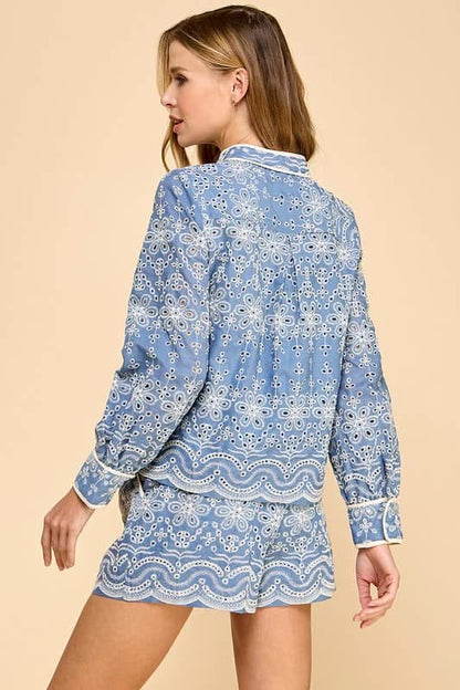 Blue Eyelet Long Sleeve Set