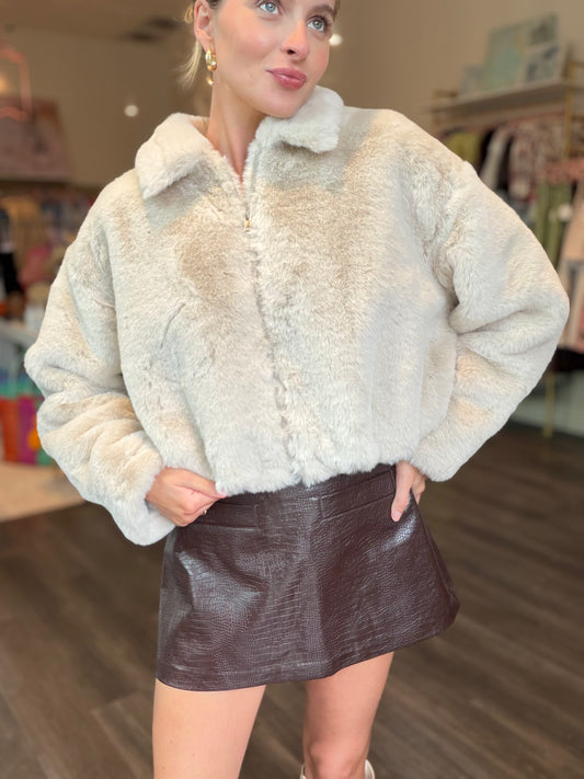 Faux Fur Front Zip Jacket in Light Taupe