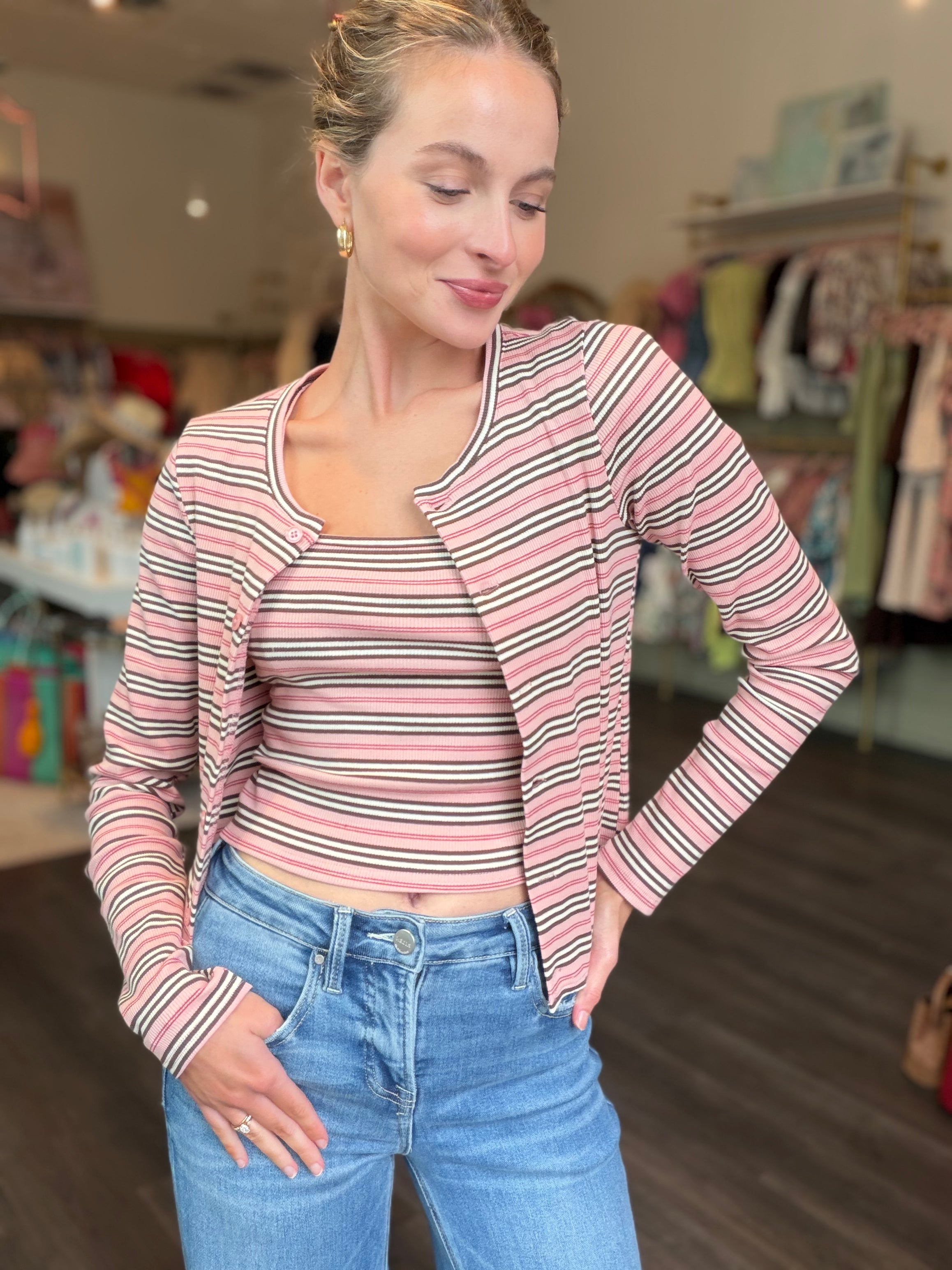 Stripe Ribbed Lounge Cardigan in Pink