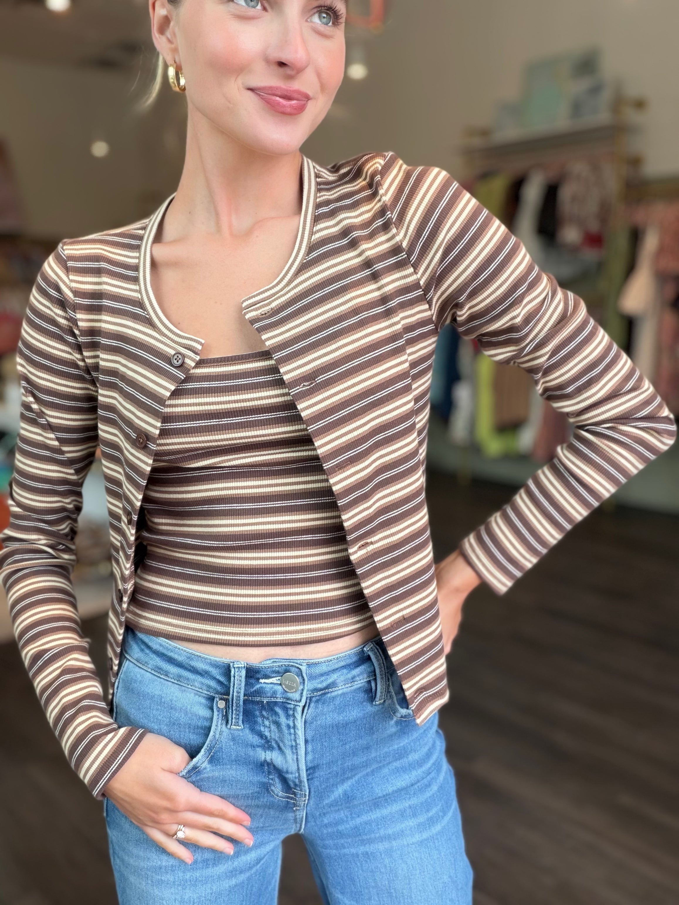Stripe Ribbed Lounge Cardigan in Brown