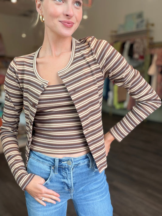 Stripe Ribbed Lounge Cardigan in Brown