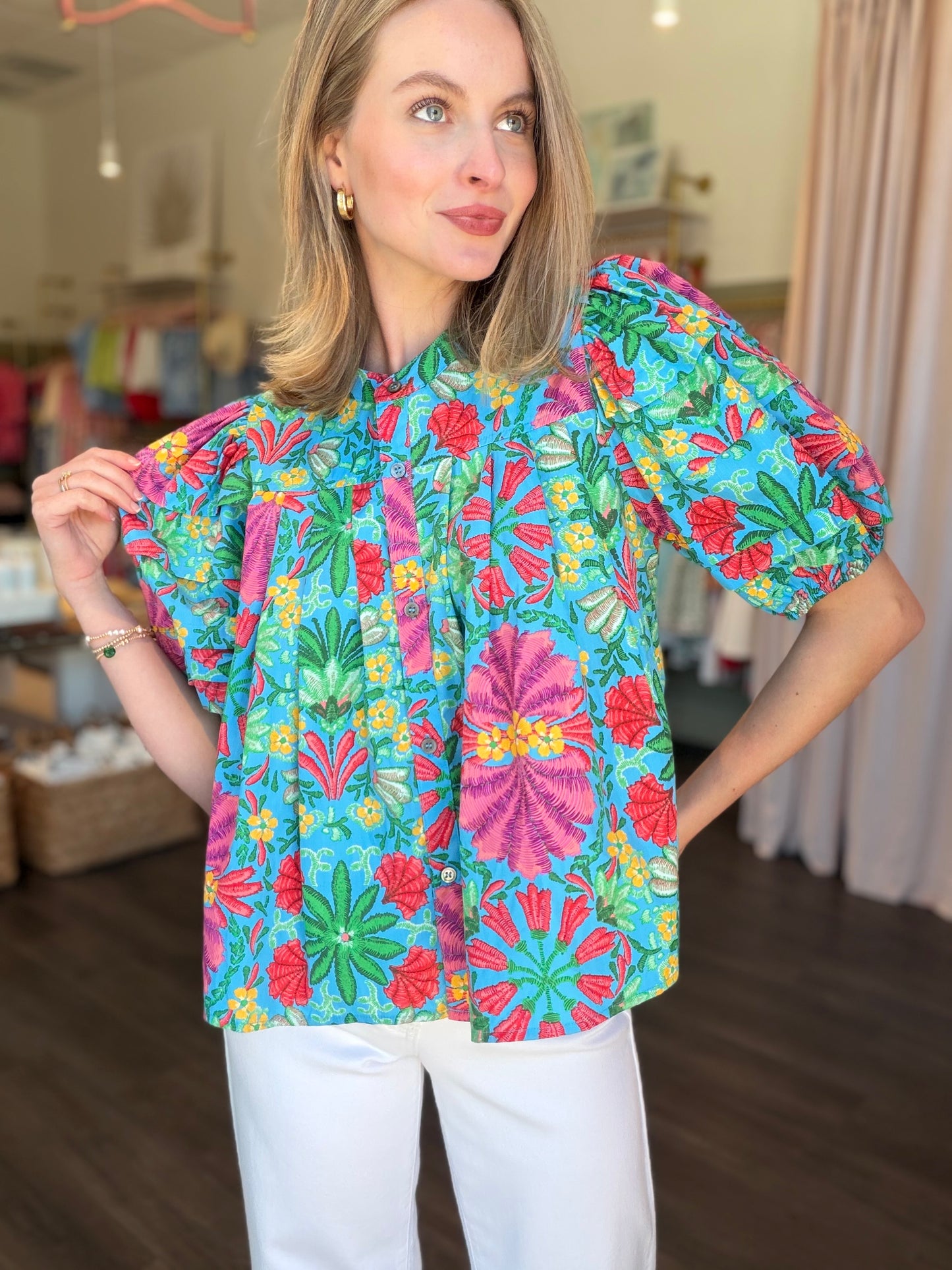 Karlie Tropical Pleated Top