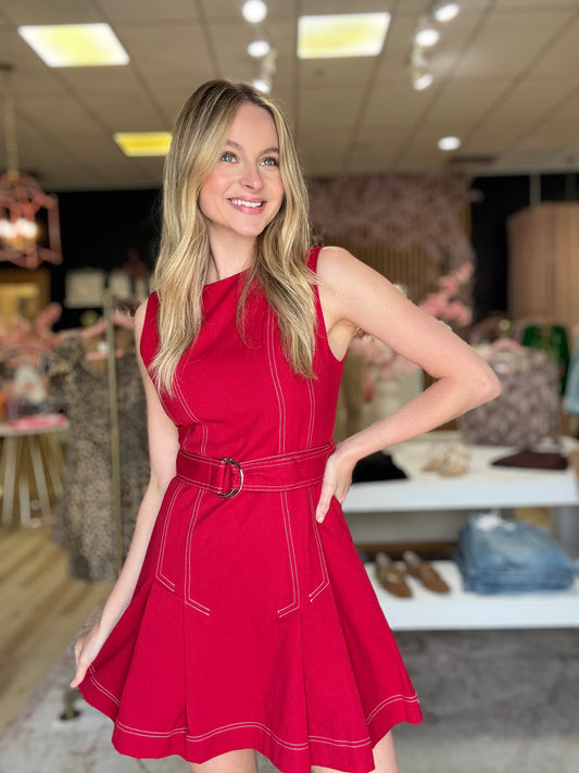 Contrast Stitching Pleated Dress
