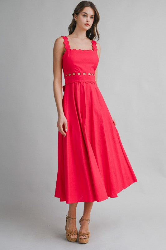 Scallop Detailed Midi Dress in Red