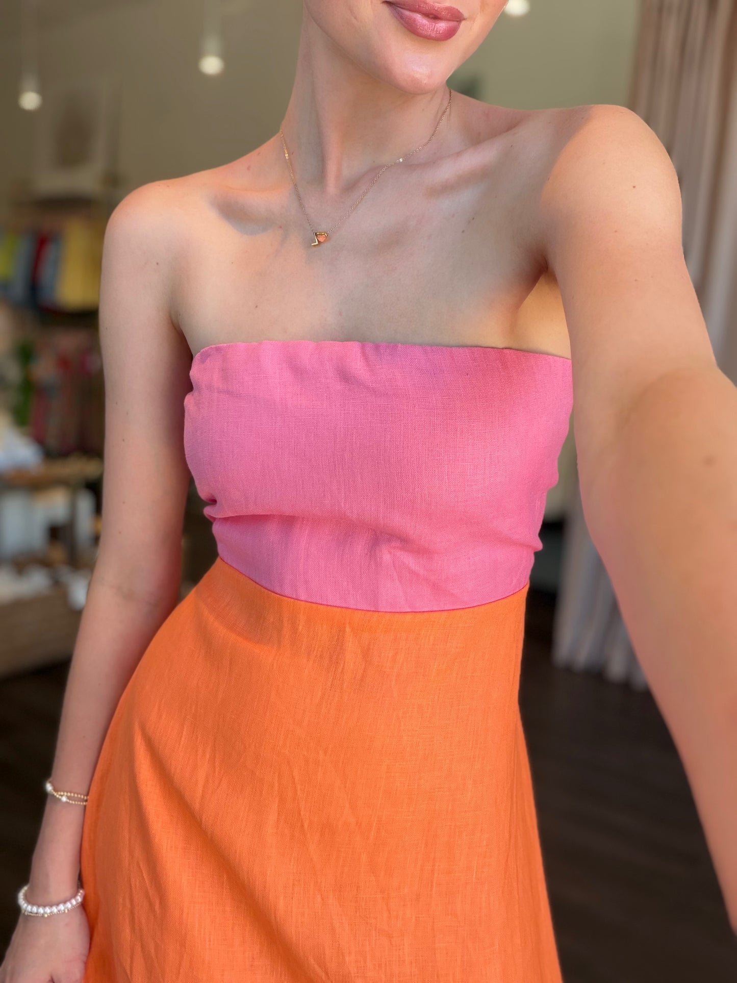 Mei Contrast Strapless Linen Maxi Dress