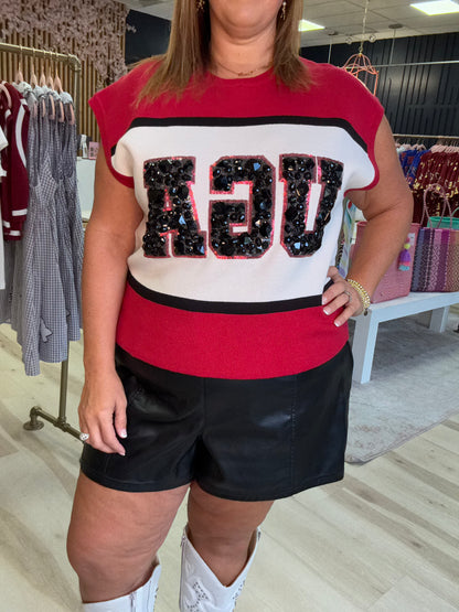 Queen of Sparkles Licensed UGA Colorblock Jewel Letter Short Sleeve Sweater