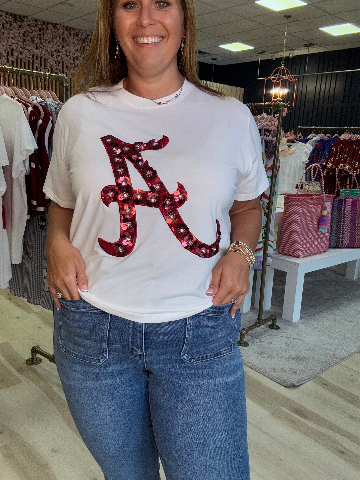 Queen of Sparkles Licensed Alabama Mascot Sequin Flower Tee
