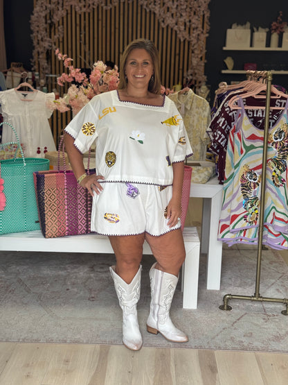 Queen of Sparkles Licensed LSU Mini Icon Embroidered Edge Cotton Top