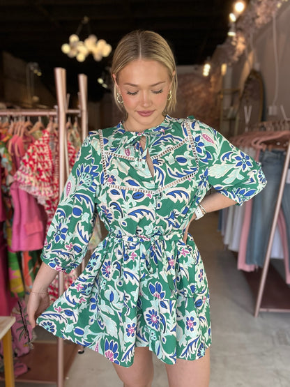 Green Floral Long Sleeve Belted Dress