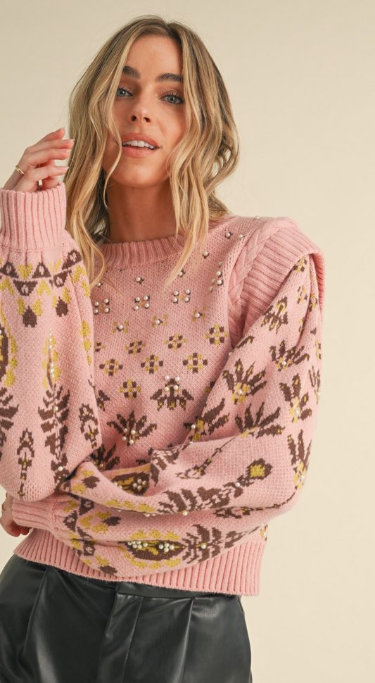 Pearl Embellished Pink Sweater