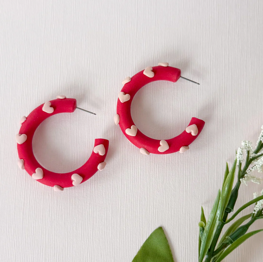 Crescent City Clay Hoops with Pink Hearts Earrings