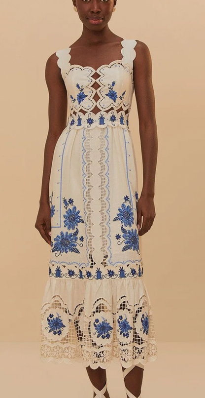 Farm Rio Cross Stitch Richelieu Sunflower Midi Dress