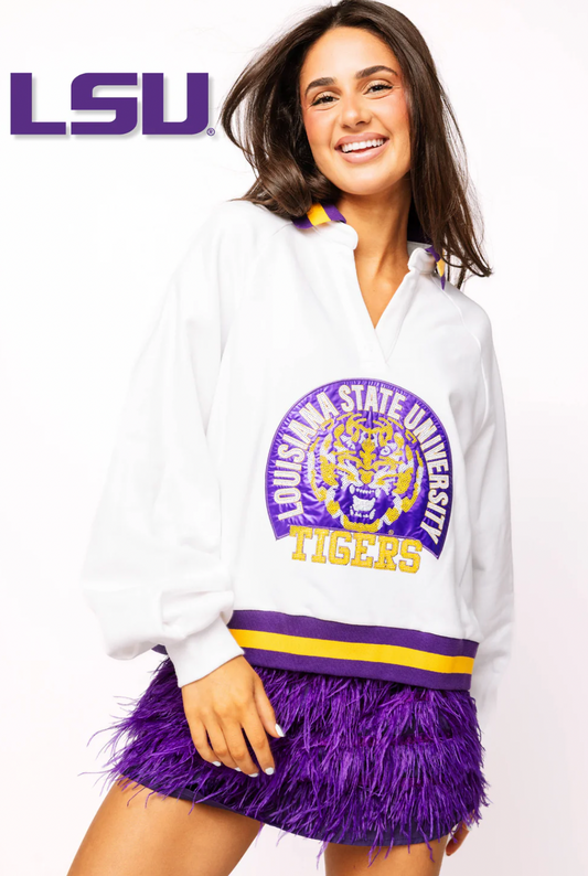 Queen of Sparkles Licensed LSU Striped Collar Circular Mascot Sweatshirt