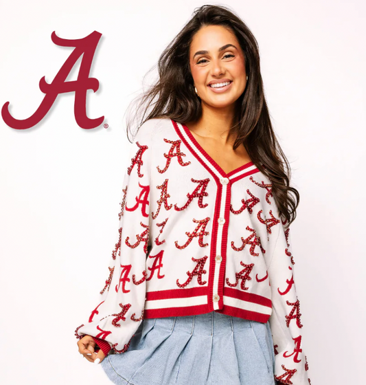 Queen of Sparkles Licensed Alabama Knit In Mascot Rhinestone Cardigan